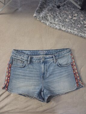 Light Blue Denim Shorts with Red Floral Side Trim
